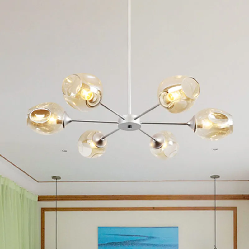 Contemporary 3/6/8 Light Hanging Chandelier - Black/Chrome Sputnik Suspension Pendant with Blue/Amber Glass Shade