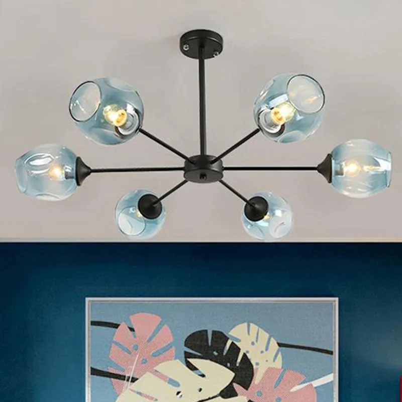 Contemporary 3/6/8 Light Hanging Chandelier - Black/Chrome Sputnik Suspension Pendant with Blue/Amber Glass Shade