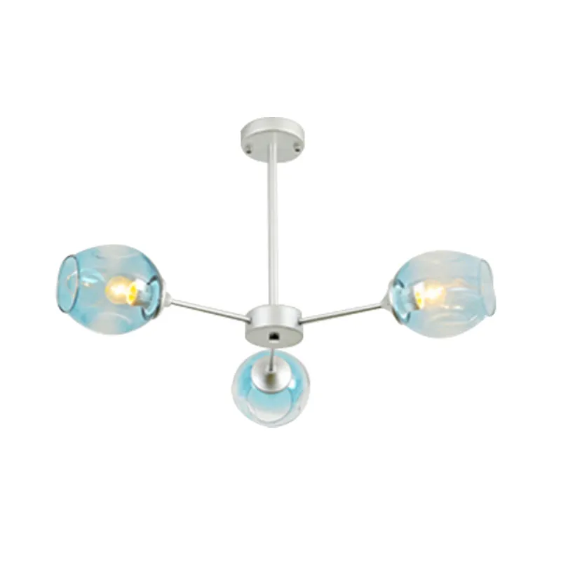 Contemporary 3/6/8 Light Hanging Chandelier - Black/Chrome Sputnik Suspension Pendant with Blue/Amber Glass Shade