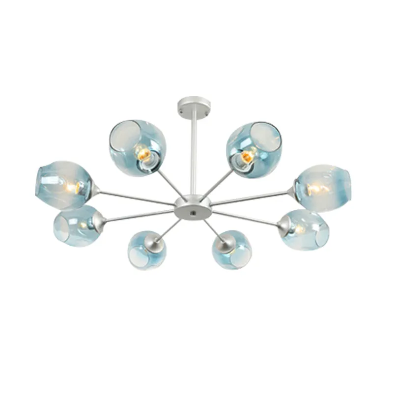 Contemporary 3/6/8 Light Hanging Chandelier - Black/Chrome Sputnik Suspension Pendant with Blue/Amber Glass Shade