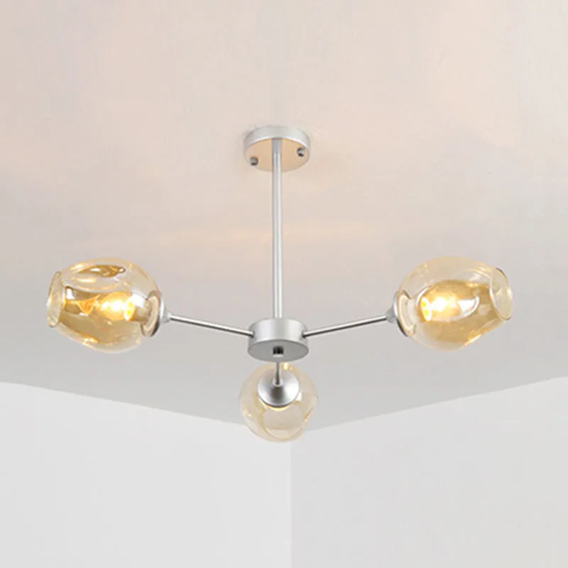 Contemporary 3/6/8 Light Hanging Chandelier - Black/Chrome Sputnik Suspension Pendant with Blue/Amber Glass Shade