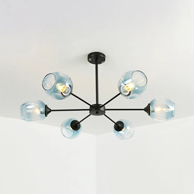 Contemporary 3/6/8 Light Hanging Chandelier - Black/Chrome Sputnik Suspension Pendant with Blue/Amber Glass Shade