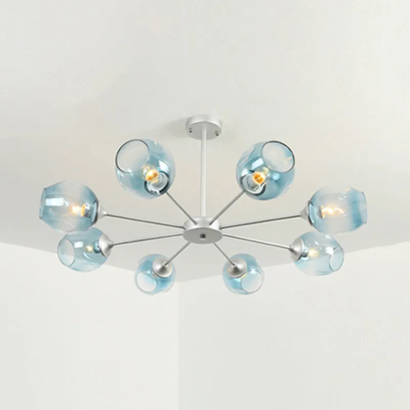 Contemporary 3/6/8 Light Hanging Chandelier - Black/Chrome Sputnik Suspension Pendant with Blue/Amber Glass Shade