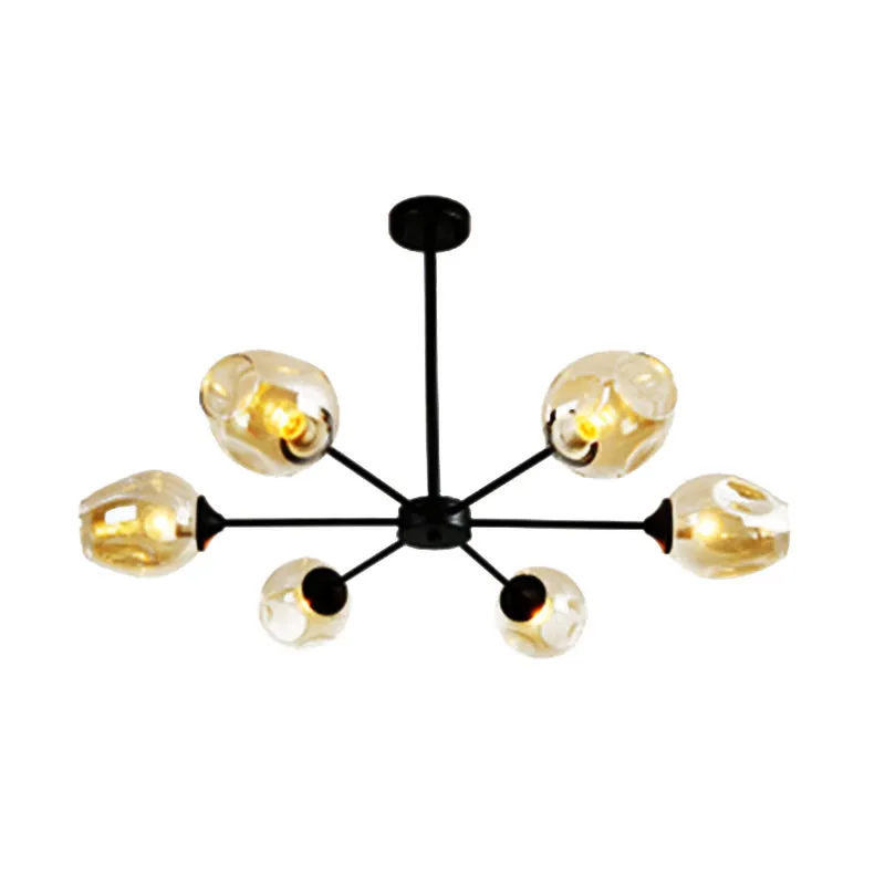 Contemporary 3/6/8 Light Hanging Chandelier - Black/Chrome Sputnik Suspension Pendant with Blue/Amber Glass Shade