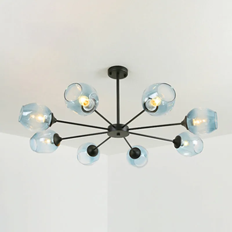 Contemporary 3/6/8 Light Hanging Chandelier - Black/Chrome Sputnik Suspension Pendant with Blue/Amber Glass Shade