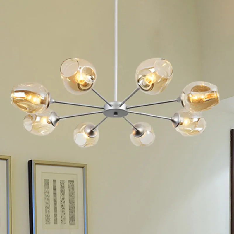 Contemporary 3/6/8 Light Hanging Chandelier - Black/Chrome Sputnik Suspension Pendant with Blue/Amber Glass Shade