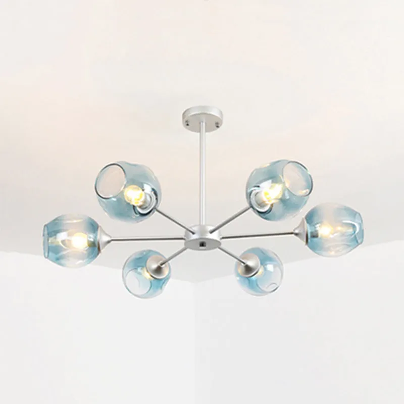 Contemporary 3/6/8 Light Hanging Chandelier - Black/Chrome Sputnik Suspension Pendant with Blue/Amber Glass Shade