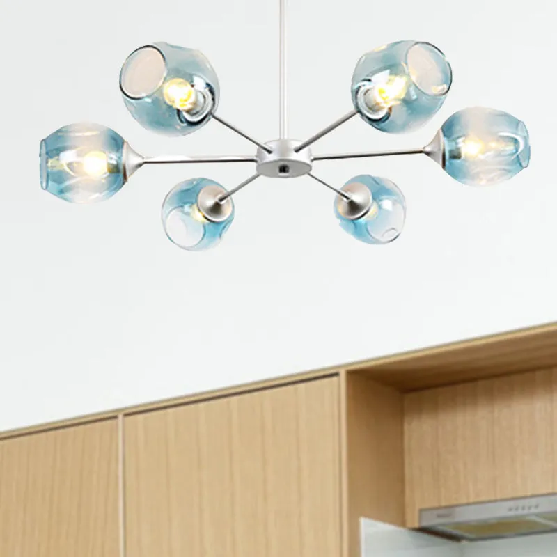 Contemporary 3/6/8 Light Hanging Chandelier - Black/Chrome Sputnik Suspension Pendant with Blue/Amber Glass Shade