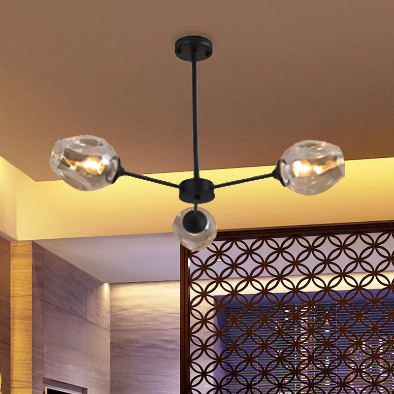 Contemporary 3/6/8 Light Hanging Chandelier - Black/Chrome Sputnik Suspension Pendant with Blue/Amber Glass Shade