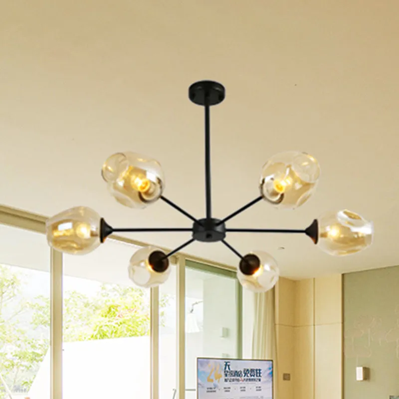 Contemporary 3/6/8 Light Hanging Chandelier - Black/Chrome Sputnik Suspension Pendant with Blue/Amber Glass Shade