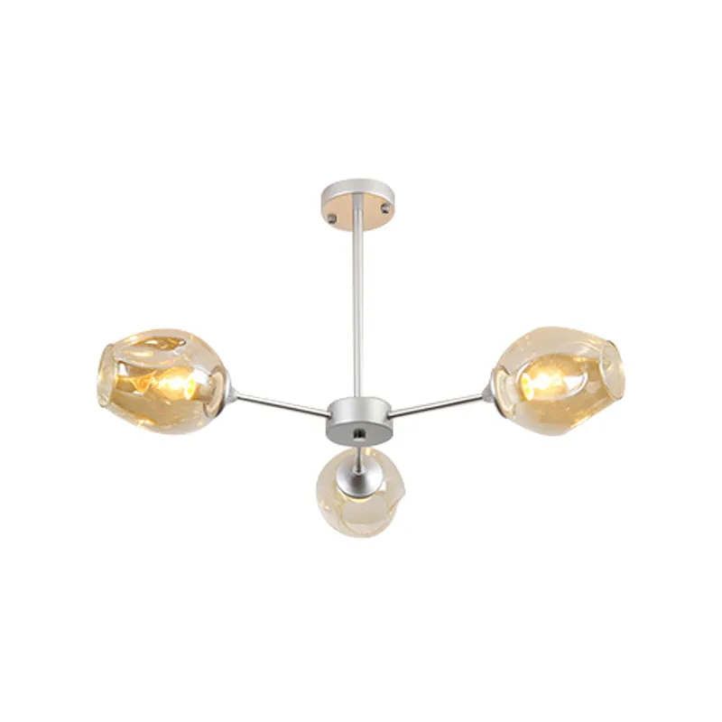 Contemporary 3/6/8 Light Hanging Chandelier - Black/Chrome Sputnik Suspension Pendant with Blue/Amber Glass Shade