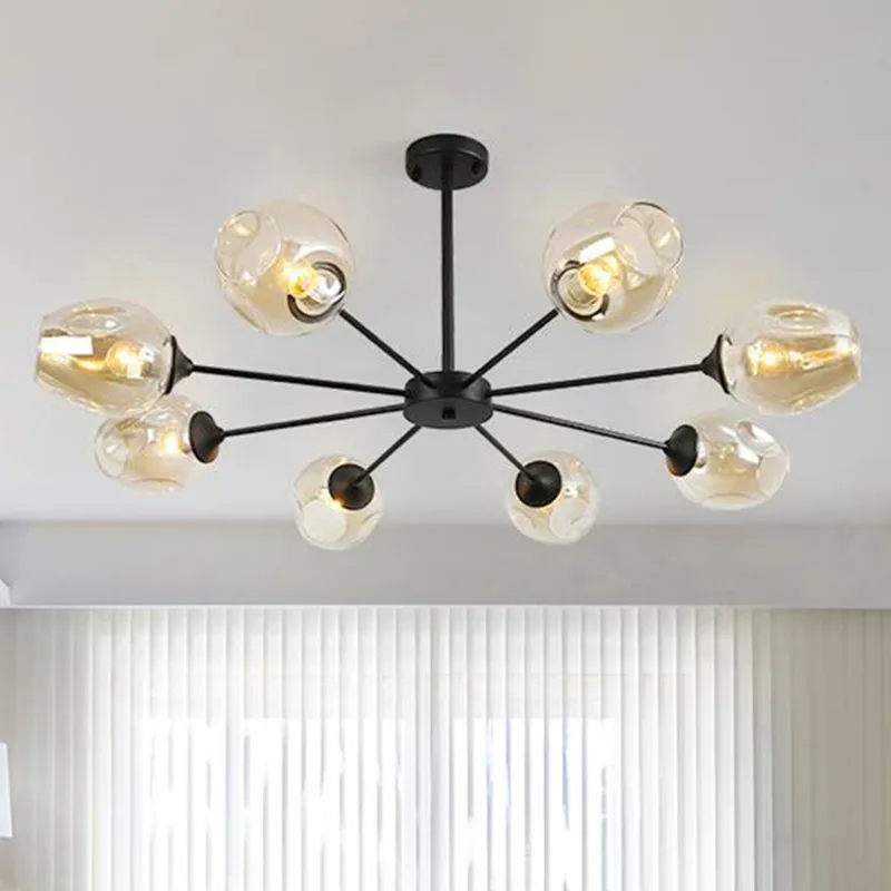 Contemporary 3/6/8 Light Hanging Chandelier - Black/Chrome Sputnik Suspension Pendant with Blue/Amber Glass Shade