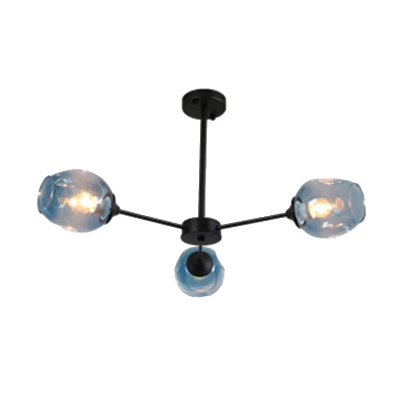 Contemporary 3/6/8 Light Hanging Chandelier - Black/Chrome Sputnik Suspension Pendant with Blue/Amber Glass Shade