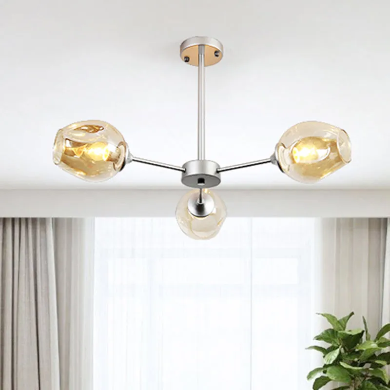 Contemporary 3/6/8 Light Hanging Chandelier - Black/Chrome Sputnik Suspension Pendant with Blue/Amber Glass Shade