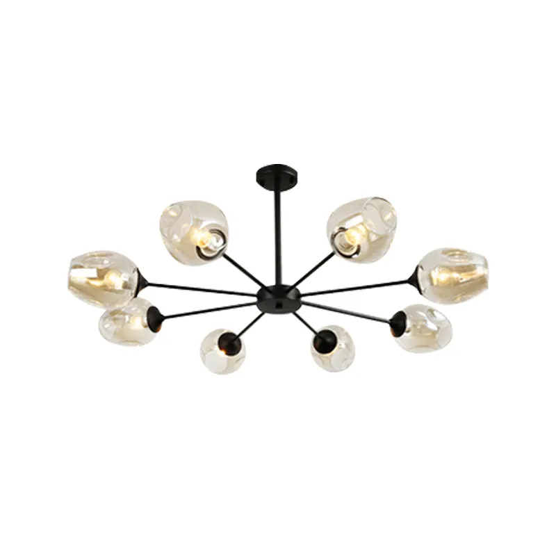 Contemporary 3/6/8 Light Hanging Chandelier - Black/Chrome Sputnik Suspension Pendant with Blue/Amber Glass Shade