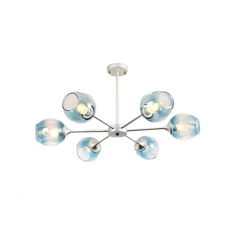 Contemporary 3/6/8 Light Hanging Chandelier - Black/Chrome Sputnik Suspension Pendant with Blue/Amber Glass Shade