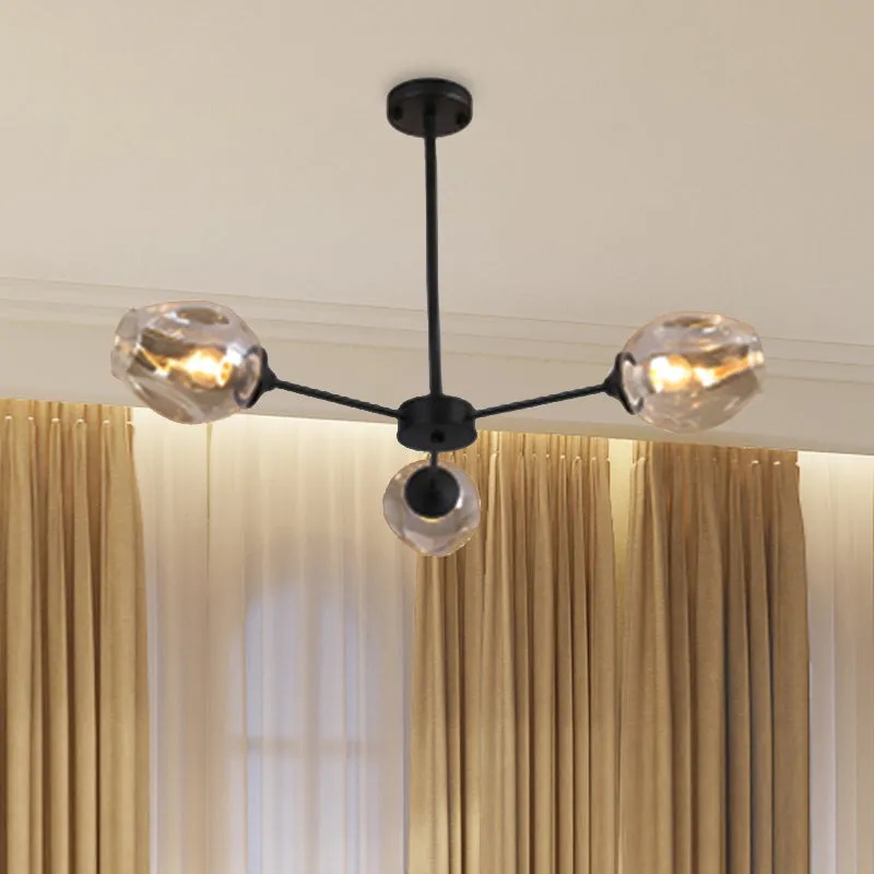 Contemporary 3/6/8 Light Hanging Chandelier - Black/Chrome Sputnik Suspension Pendant with Blue/Amber Glass Shade