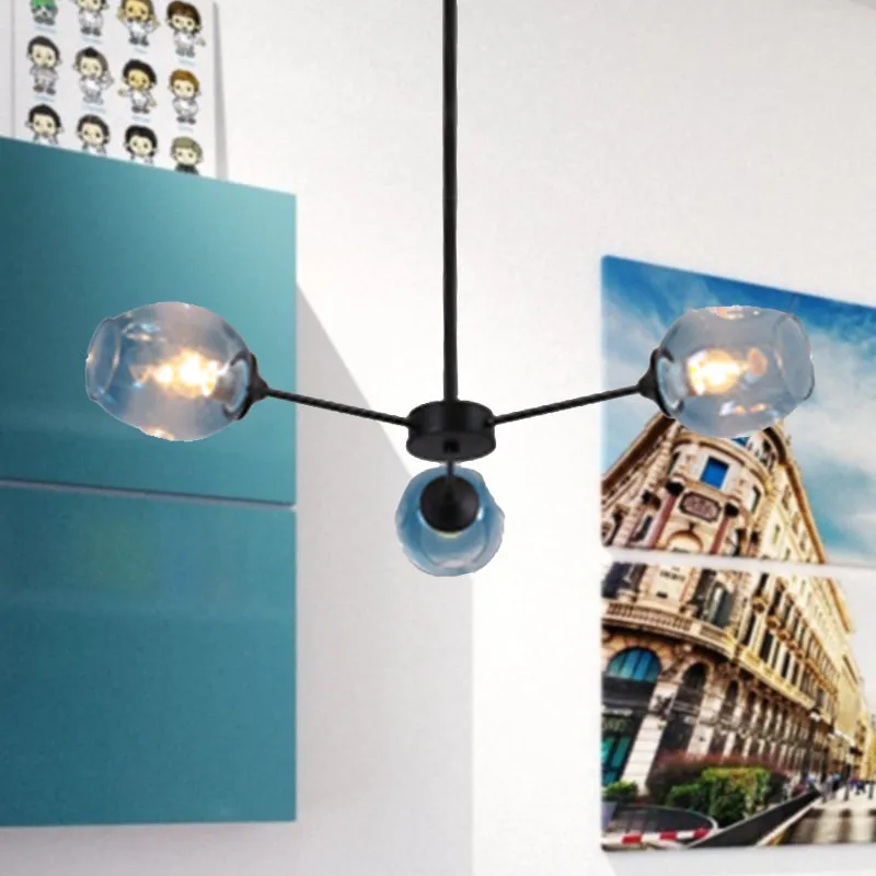 Contemporary 3/6/8 Light Hanging Chandelier - Black/Chrome Sputnik Suspension Pendant with Blue/Amber Glass Shade