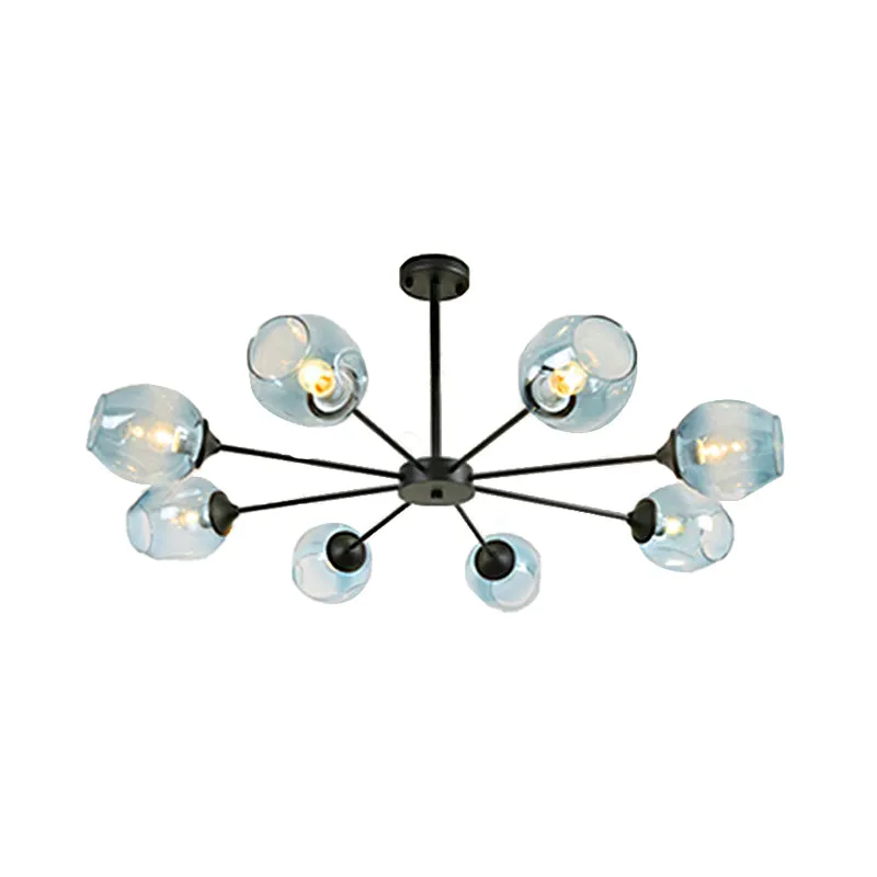 Contemporary 3/6/8 Light Hanging Chandelier - Black/Chrome Sputnik Suspension Pendant with Blue/Amber Glass Shade