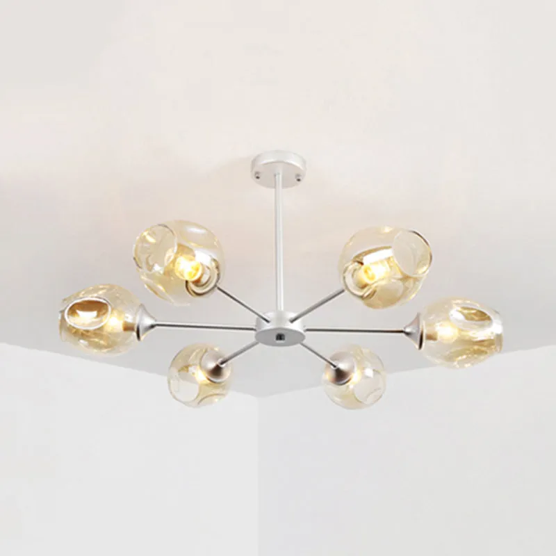 Contemporary 3/6/8 Light Hanging Chandelier - Black/Chrome Sputnik Suspension Pendant with Blue/Amber Glass Shade