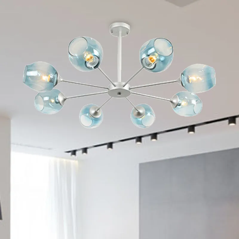 Contemporary 3/6/8 Light Hanging Chandelier - Black/Chrome Sputnik Suspension Pendant with Blue/Amber Glass Shade