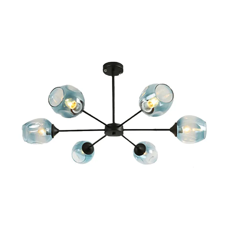 Contemporary 3/6/8 Light Hanging Chandelier - Black/Chrome Sputnik Suspension Pendant with Blue/Amber Glass Shade