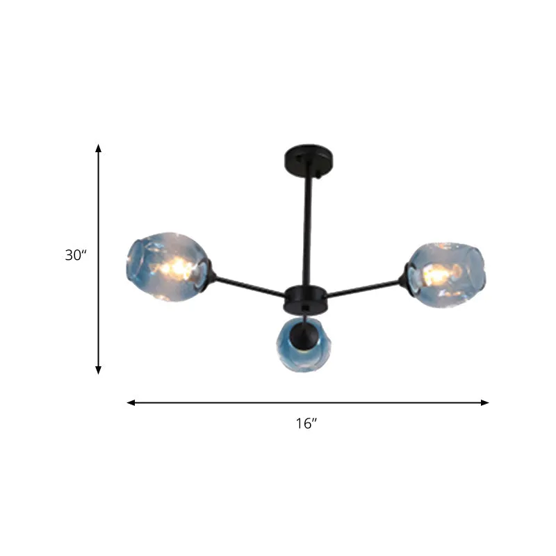 Contemporary 3/6/8 Light Hanging Chandelier - Black/Chrome Sputnik Suspension Pendant with Blue/Amber Glass Shade