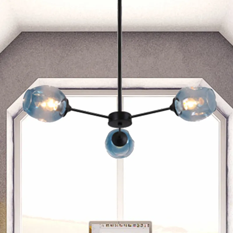 Contemporary 3/6/8 Light Hanging Chandelier - Black/Chrome Sputnik Suspension Pendant with Blue/Amber Glass Shade