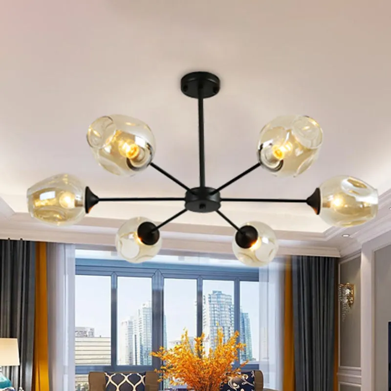 Contemporary 3/6/8 Light Hanging Chandelier - Black/Chrome Sputnik Suspension Pendant with Blue/Amber Glass Shade