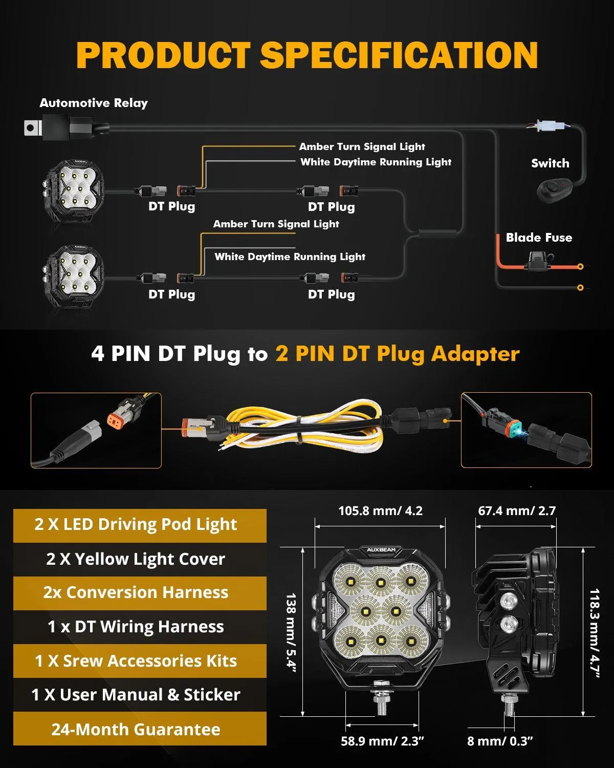 CUBE-Z Series 4 Inch Flood LED Pod Lights Off Road Lights with White DRL & Amber Turn Signal Lights