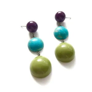 Eggplant Purple Turquoise & Olive Green Tri Dot Drop Earrings