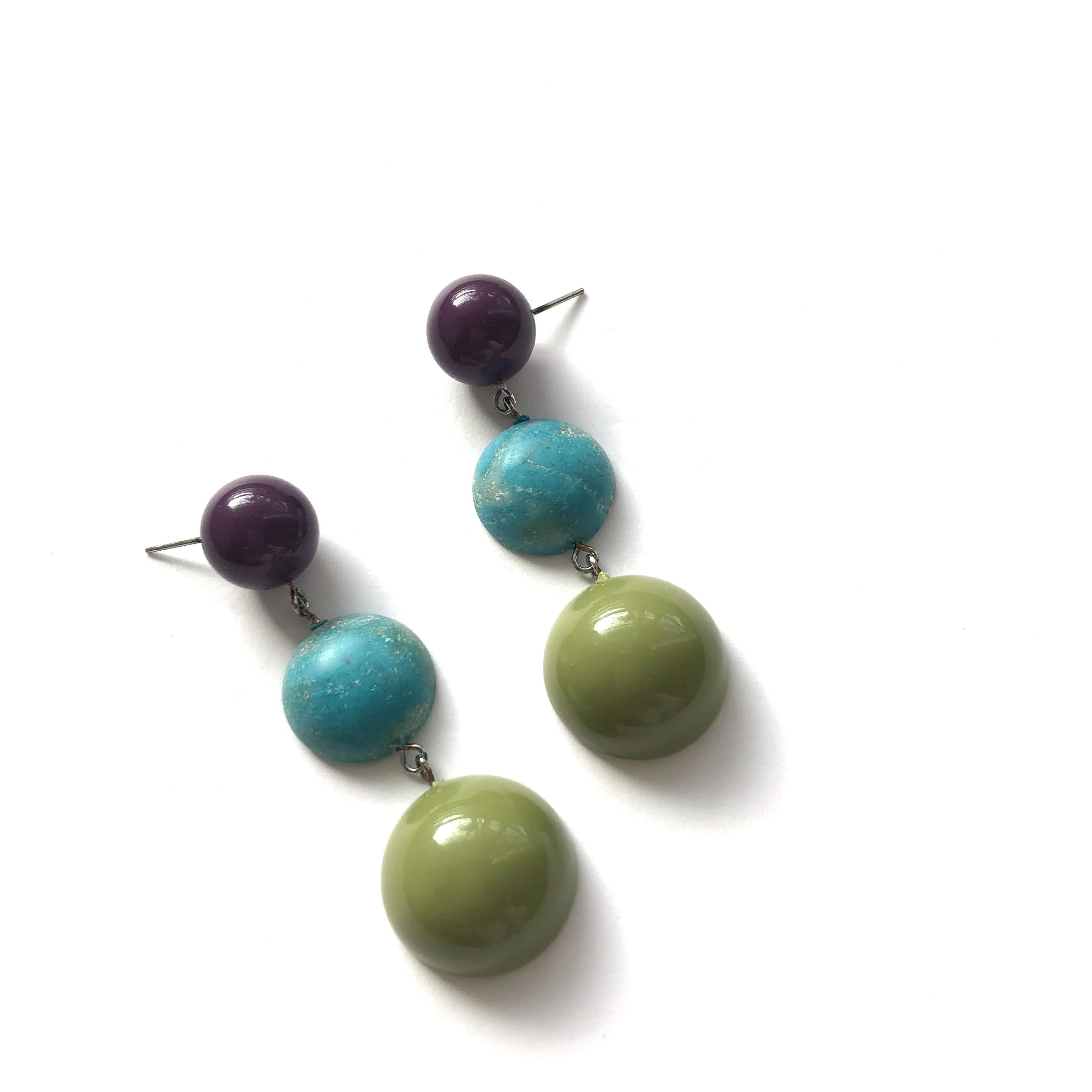 Eggplant Purple Turquoise & Olive Green Tri Dot Drop Earrings