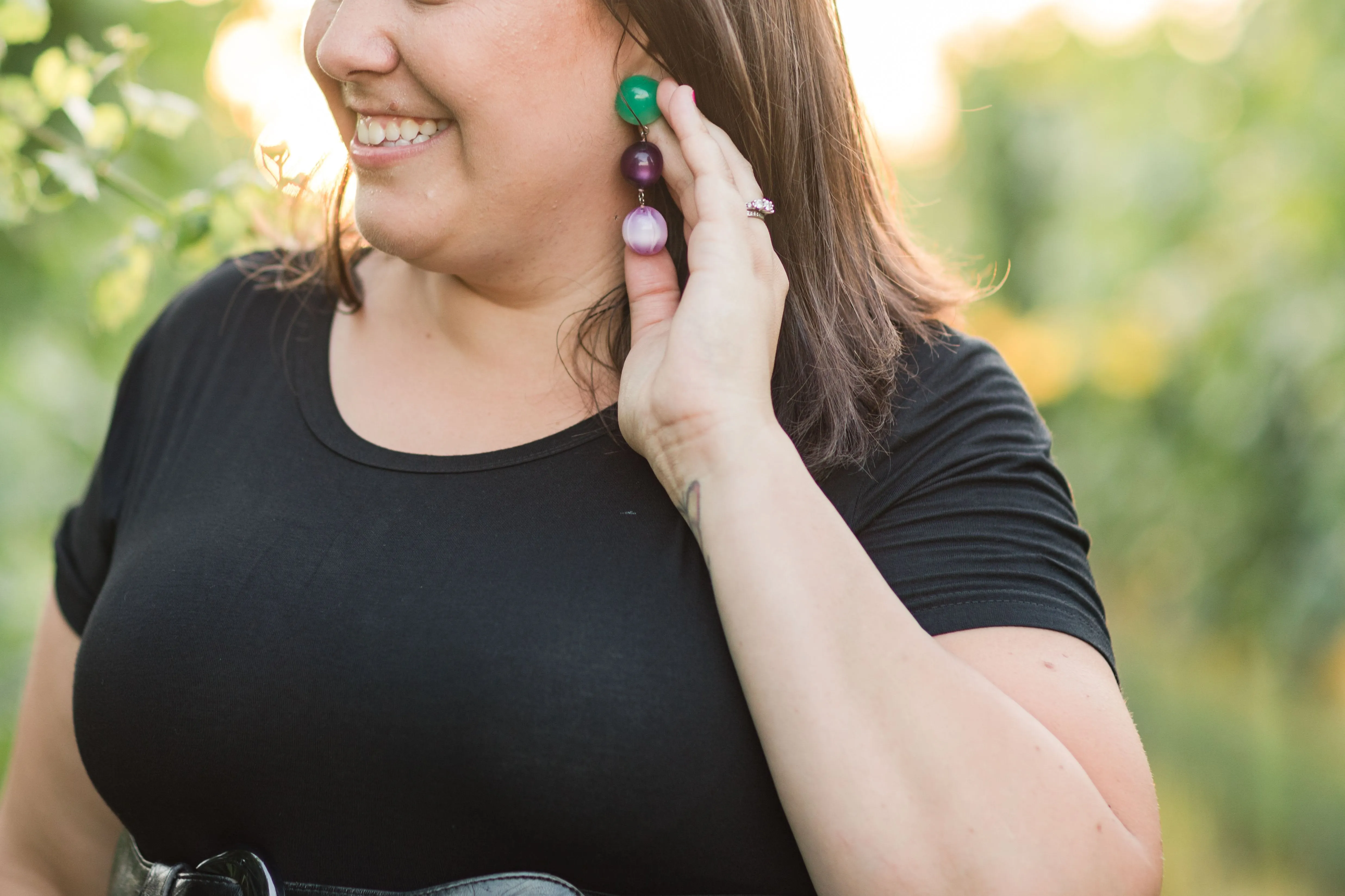 Eggplant Purple Turquoise & Olive Green Tri Dot Drop Earrings