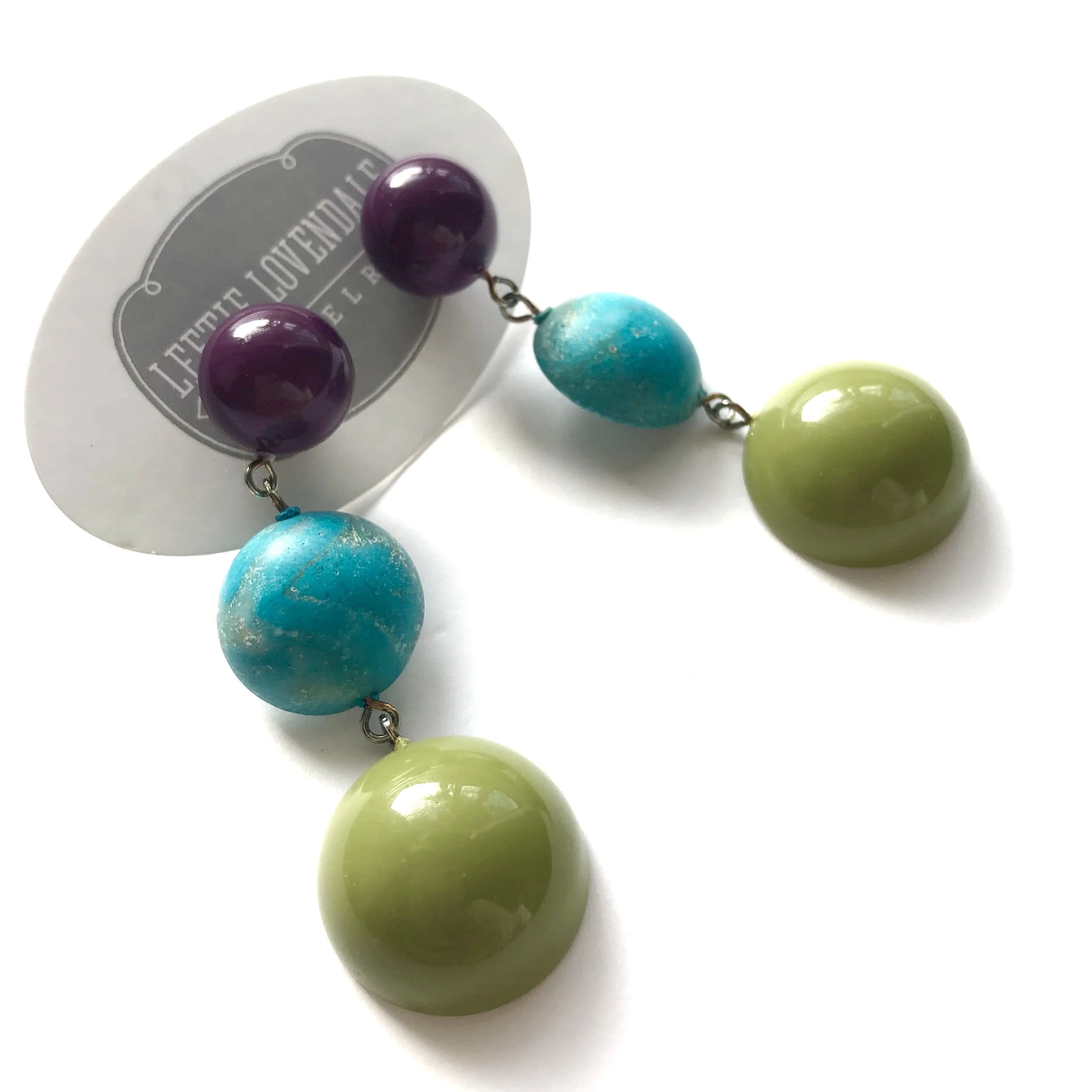 Eggplant Purple Turquoise & Olive Green Tri Dot Drop Earrings