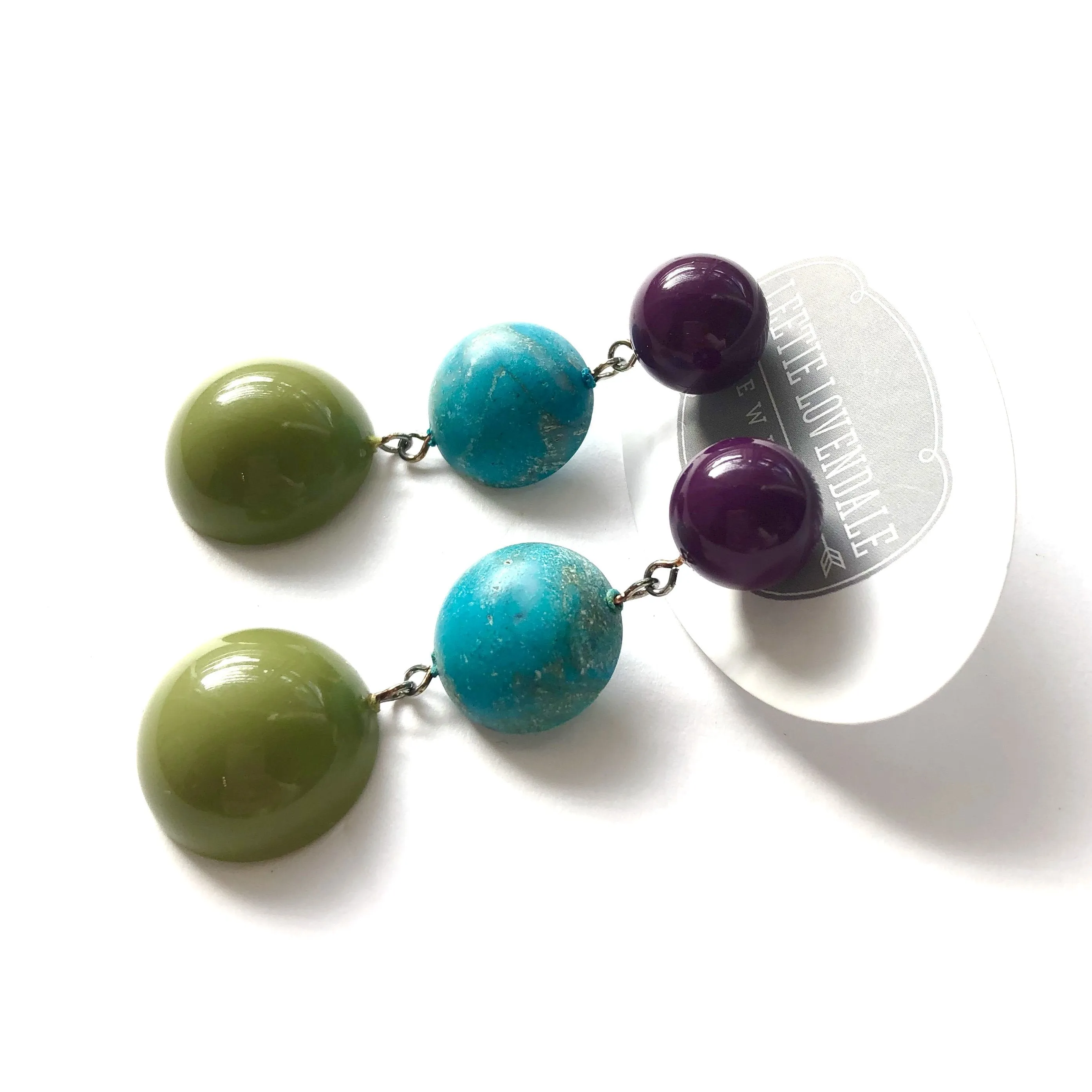 Eggplant Purple Turquoise & Olive Green Tri Dot Drop Earrings