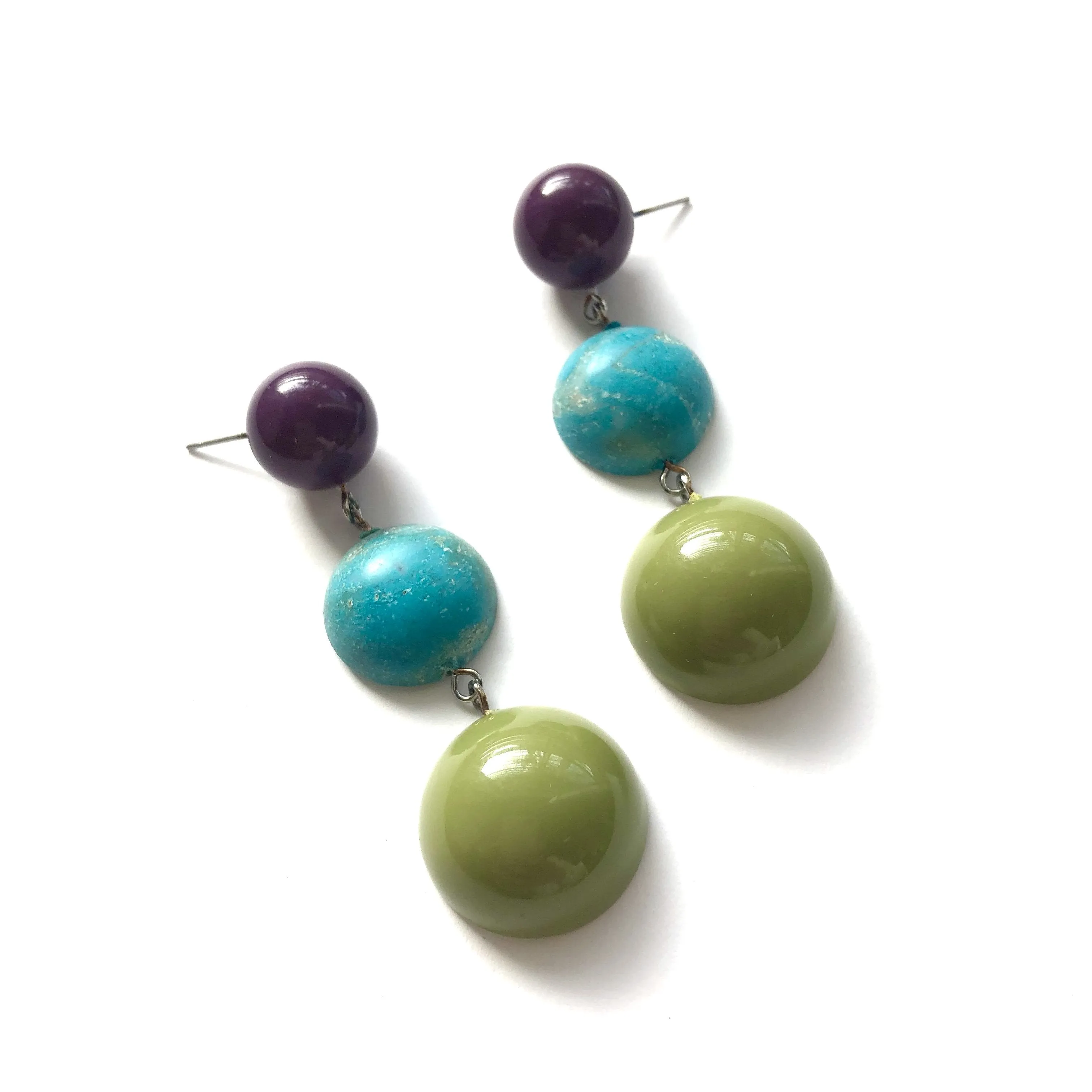 Eggplant Purple Turquoise & Olive Green Tri Dot Drop Earrings