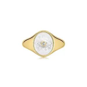 EVIL EYE SIGNET RING WITH MOP & CZ CENTER STONE