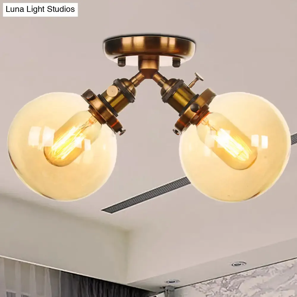 Farmhouse Style Semi Flush Ceiling Lamp - Metal and Glass with Dual Heads in Black/Bronze