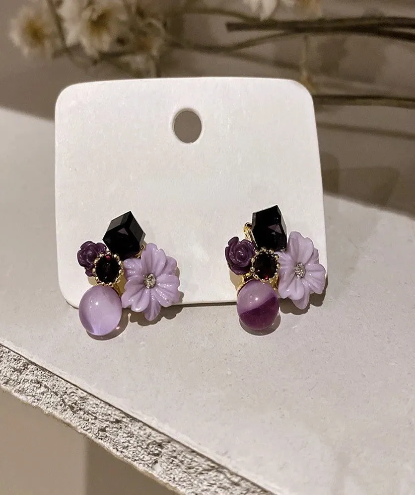 Flower Earrings Stud Vintage Crystal Earring Purple