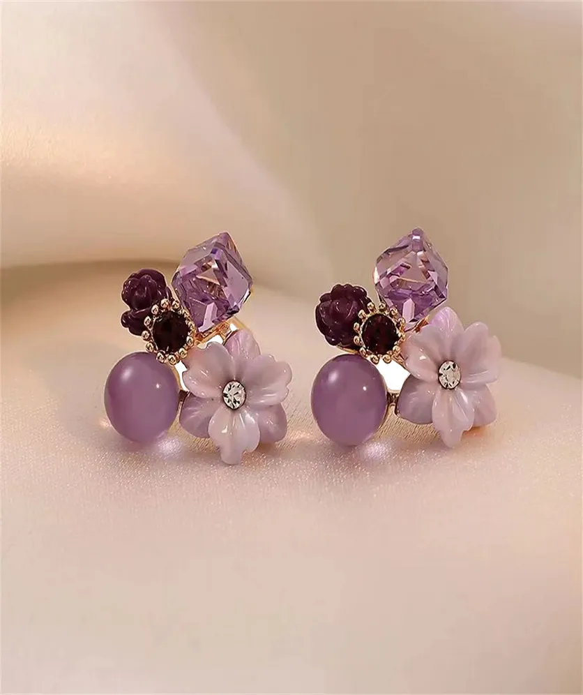 Flower Earrings Stud Vintage Crystal Earring Purple