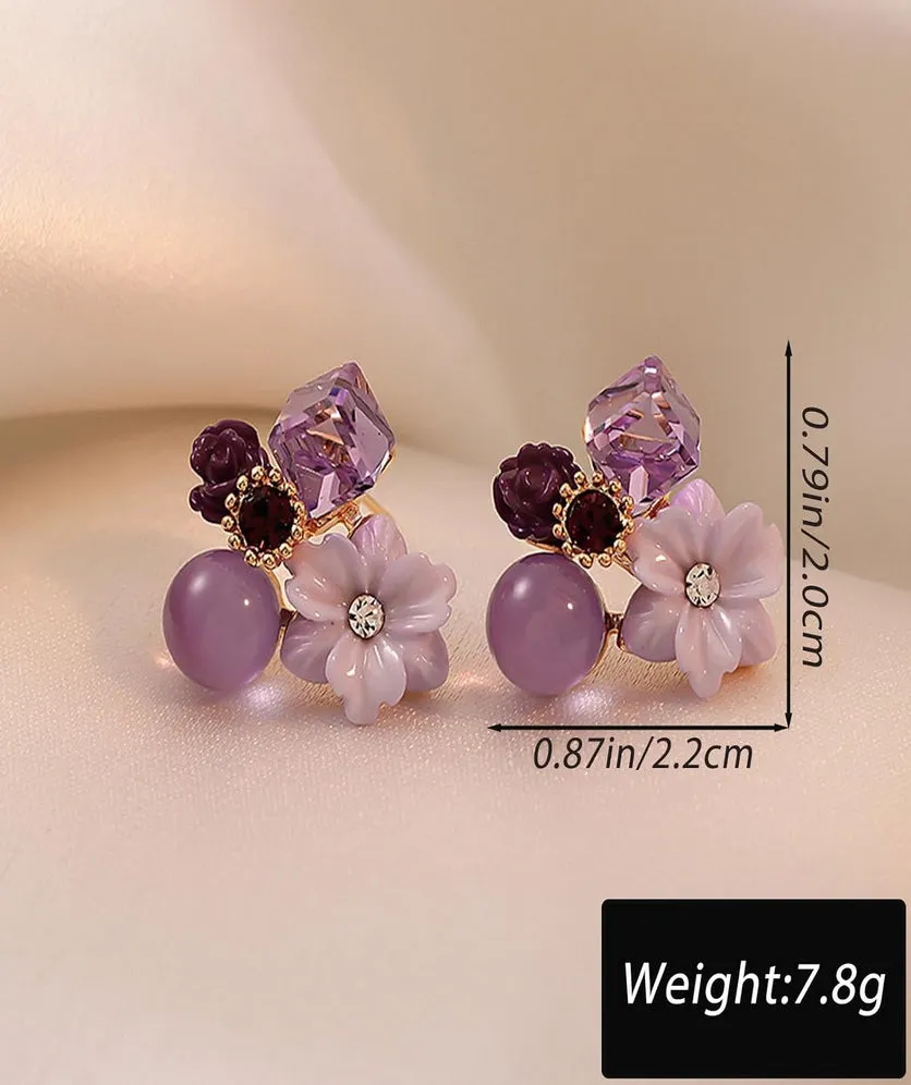 Flower Earrings Stud Vintage Crystal Earring Purple