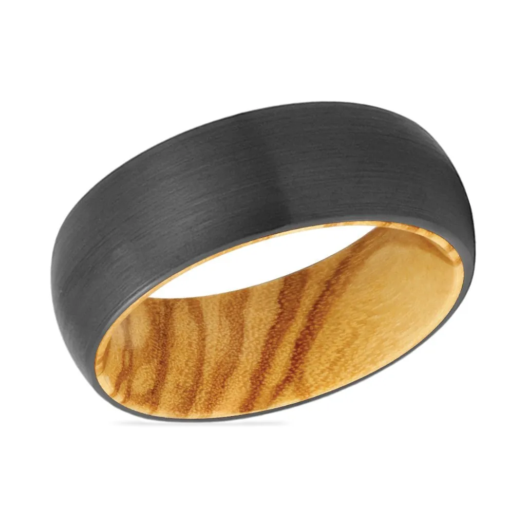 FORGE | Olive Wood, Black Tungsten Ring, Brushed, Domed