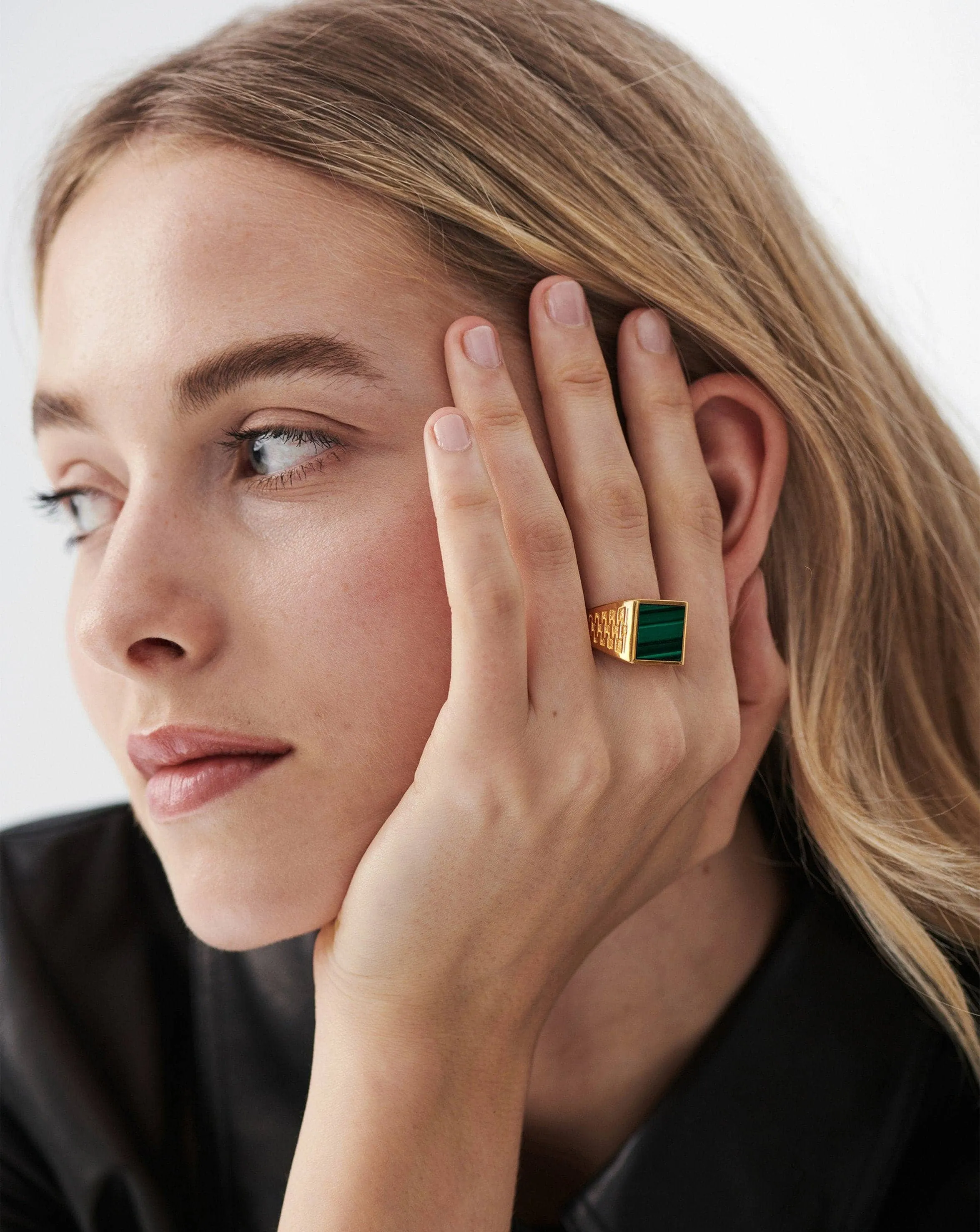 Fused Woven Gemstone Square Signet Ring | 18k Gold Vermeil/Malachite