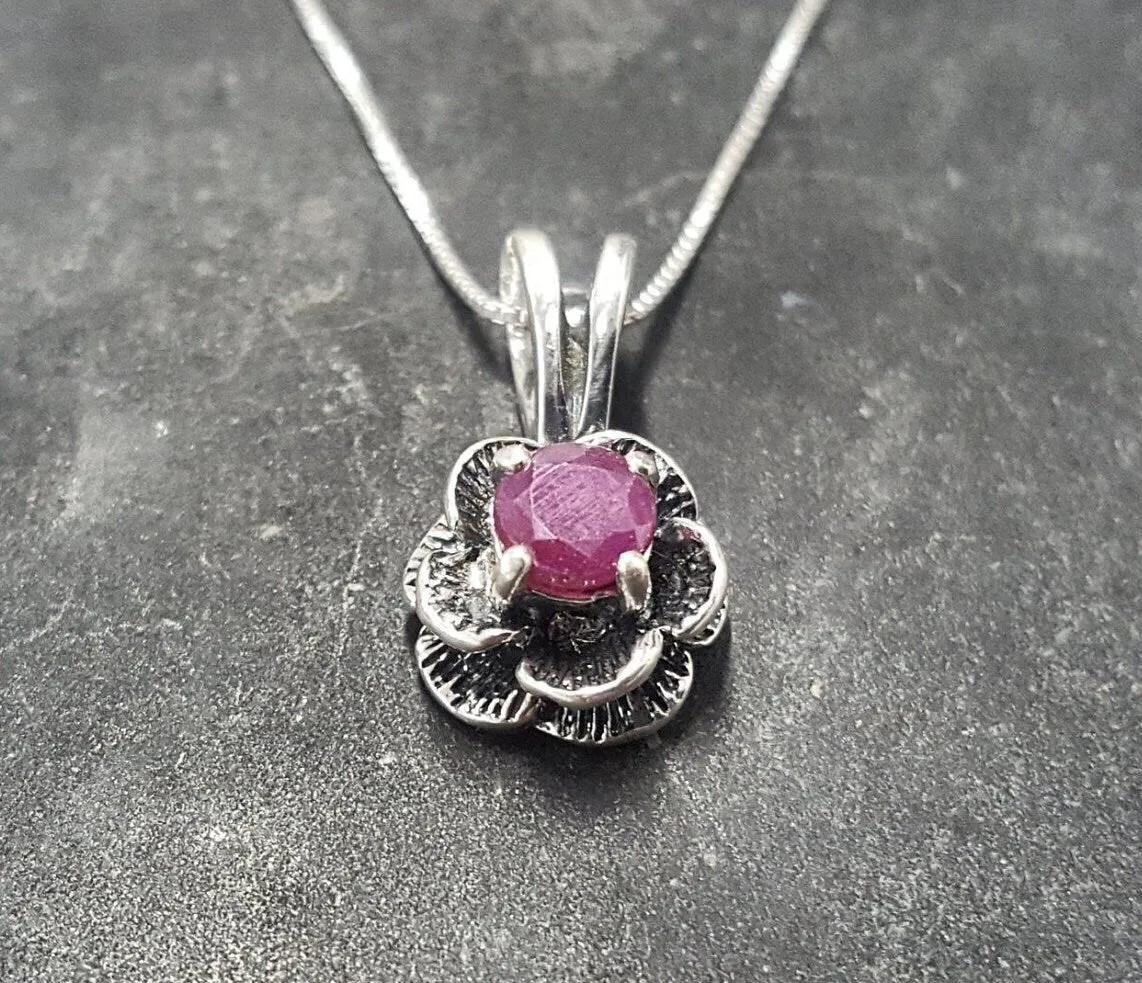 Genuine Ruby Pendant - Red Flower Pendant - July Birthstone Necklace