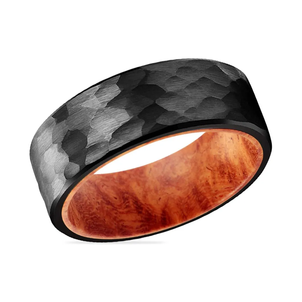 GILROY | Red Burl Wood, Black Tungsten Ring, Hammered, Flat