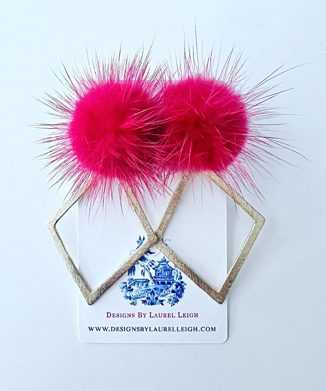 Gold Diamond Shape Mink Fur Pompom Earrings