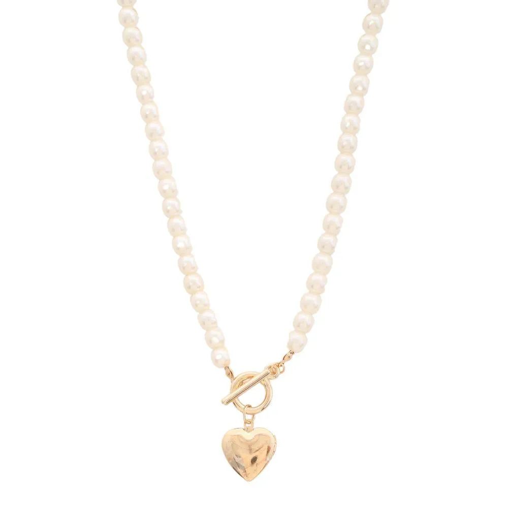 Gold Heart Drop Pearl Strand Toggle