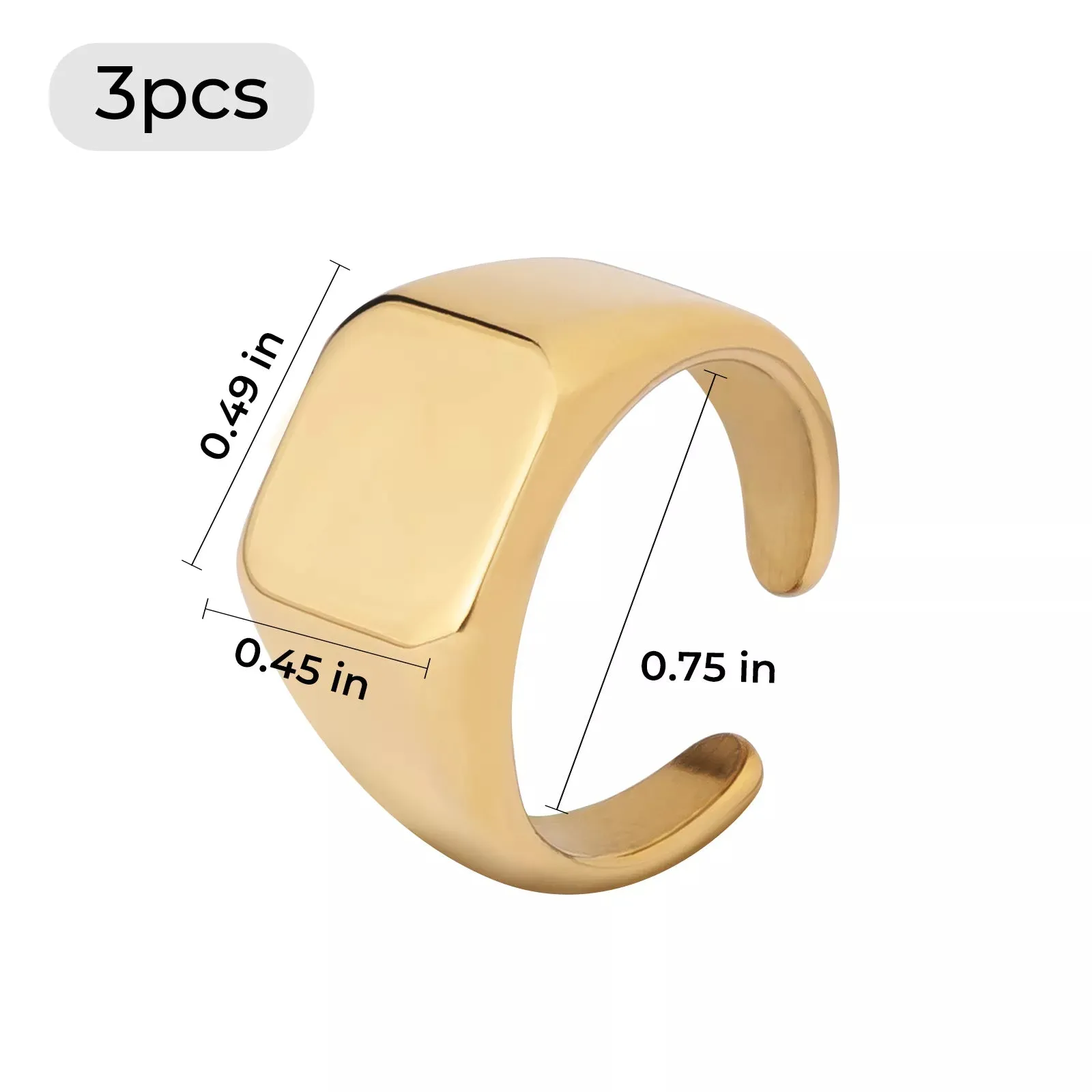 Gold Stainless Steel Square Signet Rings (3pcs)