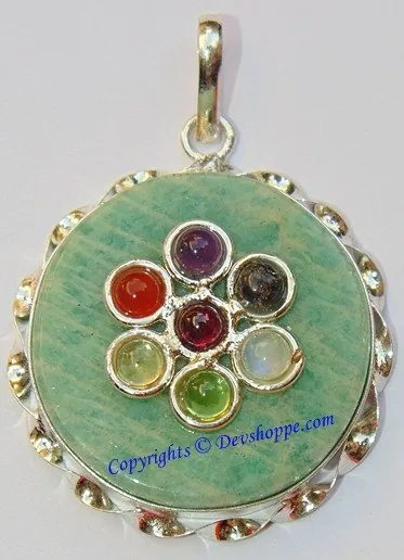 Green Jade round shaped pendant with Chakra stones