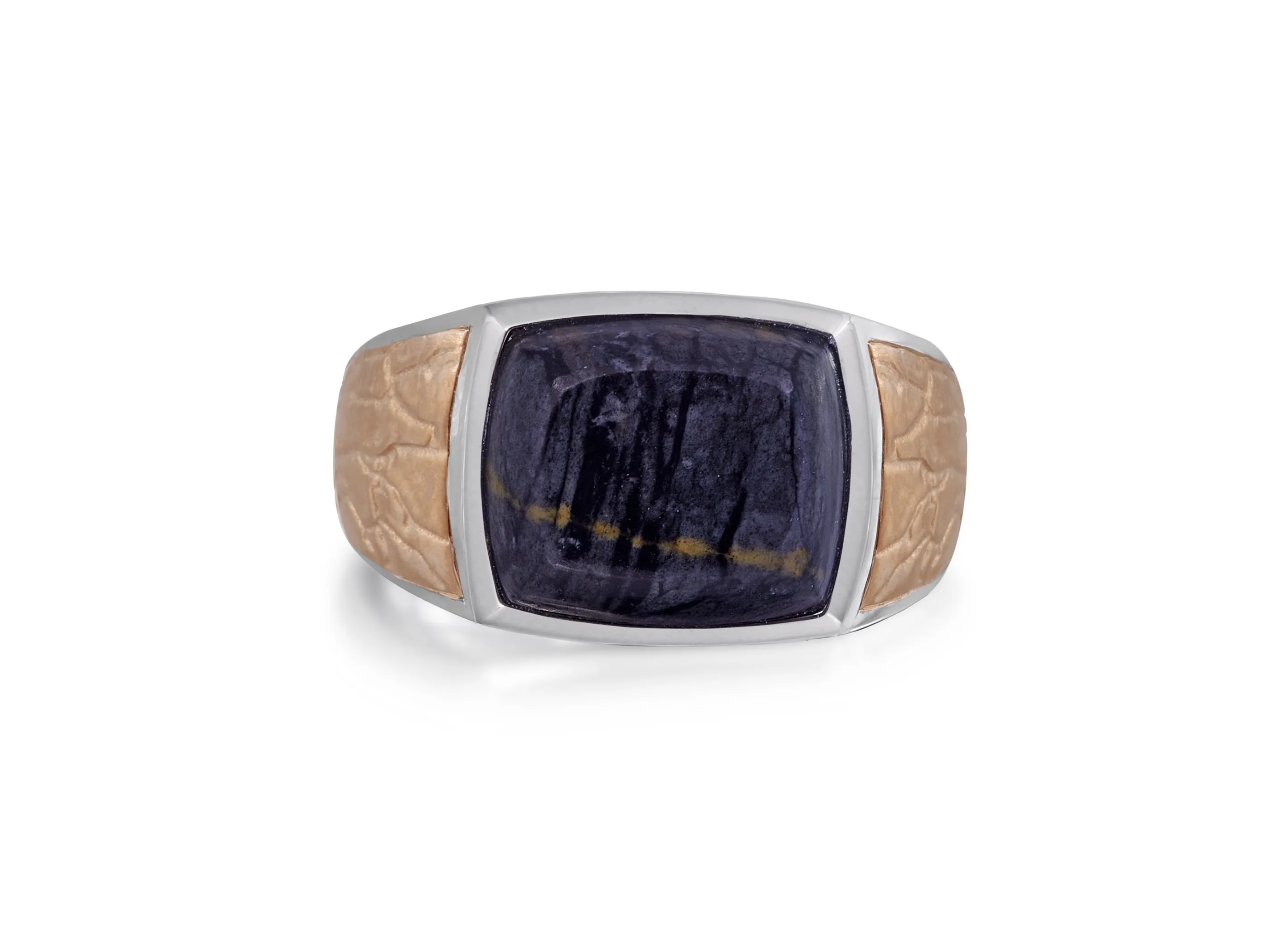 Grey Picture Agate Stone Signet Ring in Brown Rhodium Plated Sterling Silver